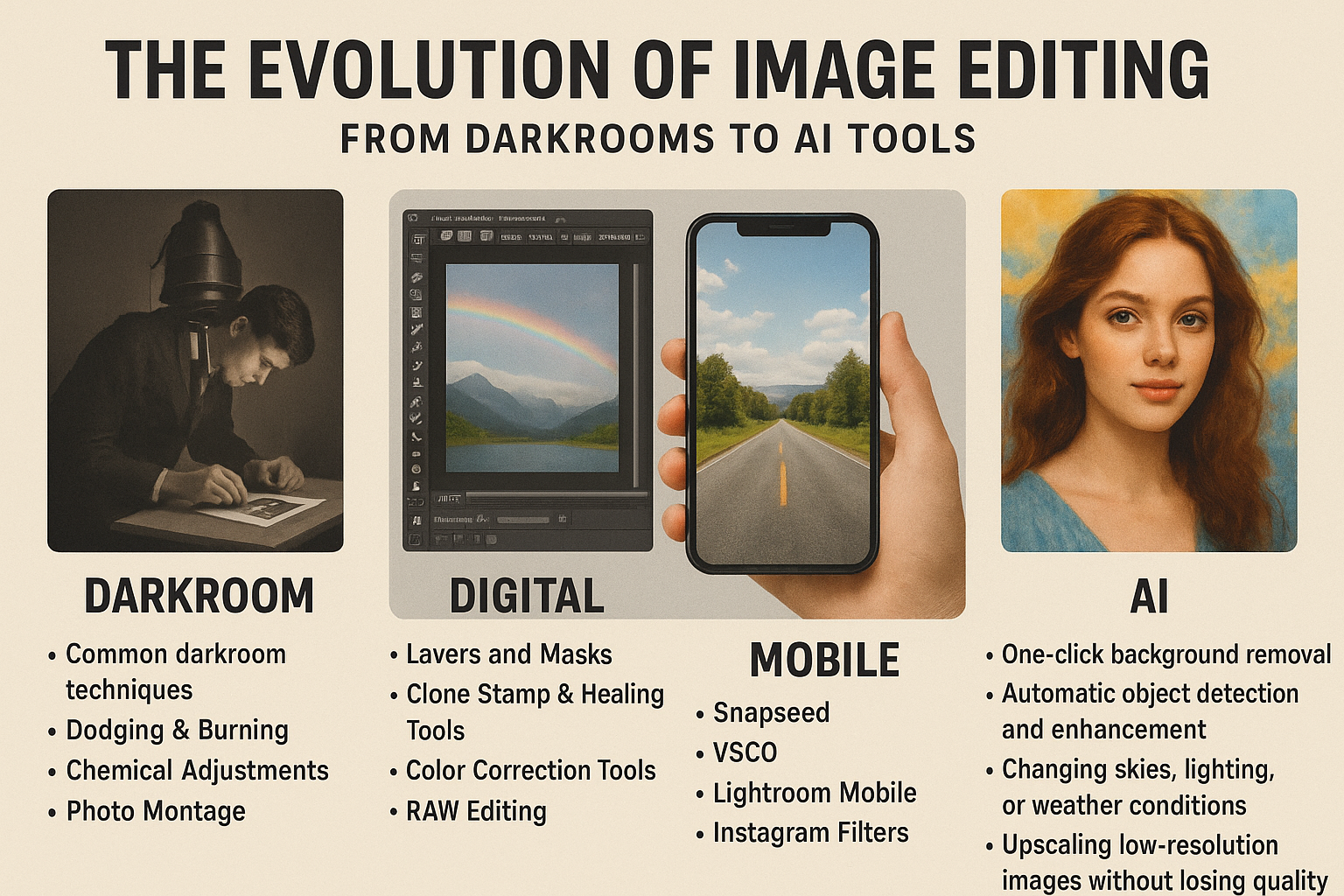 image editing evolution from darkroom techniques to AI tools