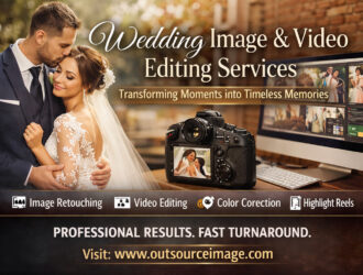 Wedding couple portrait with professional image and video editing setup showcasing retouching, color correction, and highlight reel services.