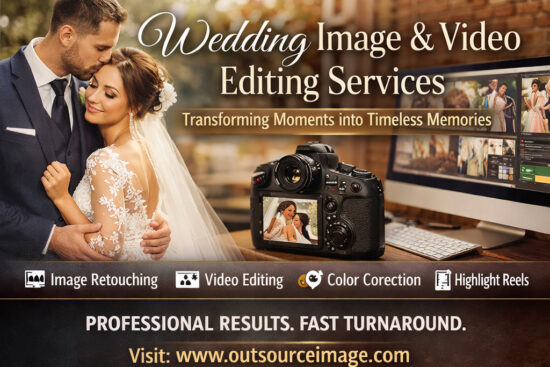 Wedding couple portrait with professional image and video editing setup showcasing retouching, color correction, and highlight reel services.