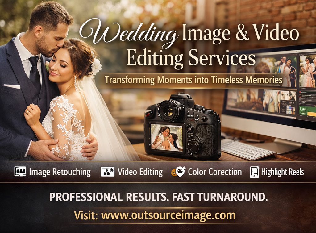 Wedding couple portrait with professional image and video editing setup showcasing retouching, color correction, and highlight reel services.